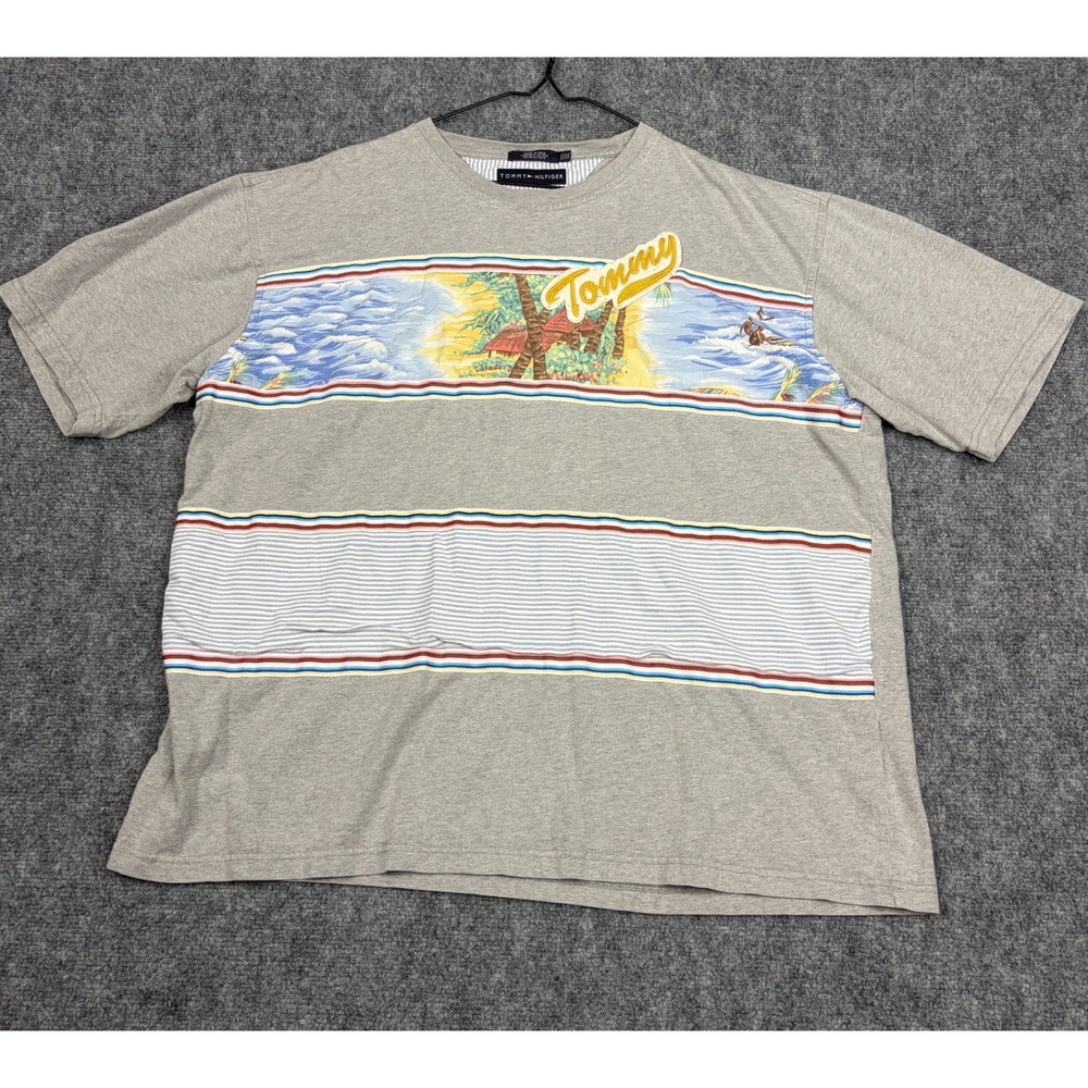 Tommy Hilfiger Mens XXL Gray Tropical Island Graphic T-Shirt Embroidered Patch